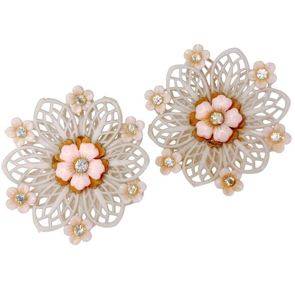 VTG Signed Coro 1950s Earrings Mid Century Thermoplastic Floral AB Rhinestones - Picture 1 of 13
